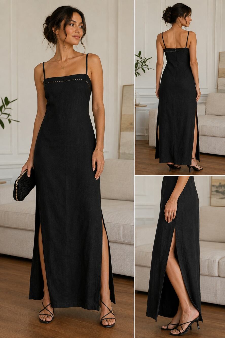 Lida Baday Black Linen Maxi Dress Size 6 Minimalist Designer Slip Dress